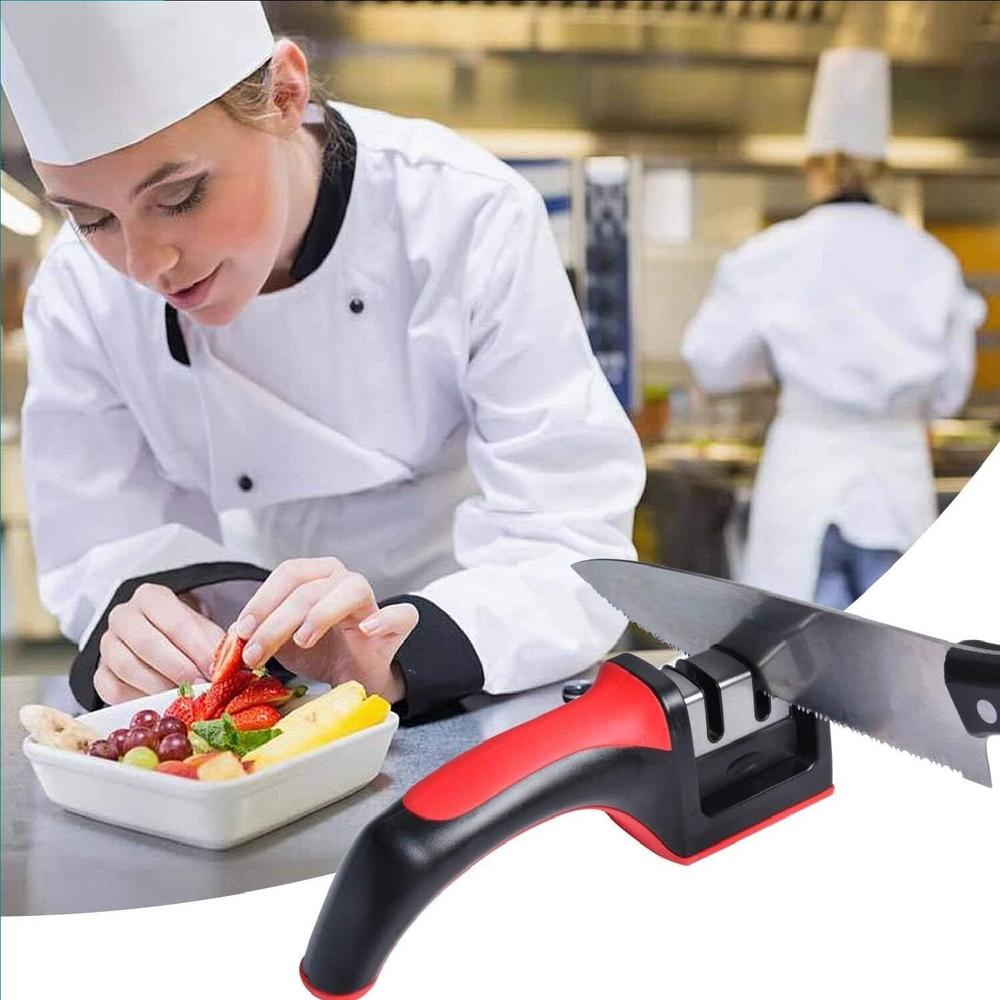 Professional 3-in-1 Knife Sharpener with Tungsten Steel & Ceramic Slots, Manual Sharpener for Chef Knives, Scissors & Straight Edge Blades - Home Kitchen Tool