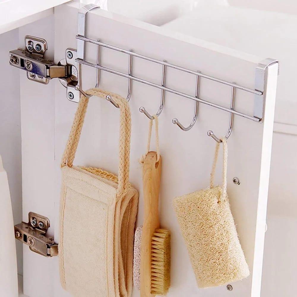 Metal Over Cabinet Door Hook Rack – 5 Hook Organizer for Towels, Coats, Hats, and Bags – Hanging Storage for Kitchen, Bathroom, Bedroom – Modern Door Mount Hanger for Cabinets and Drawers – Silver(free home delivery)