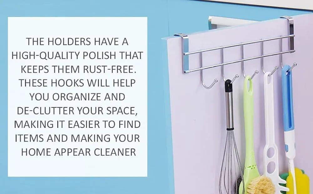Metal Over Cabinet Door Hook Rack – 5 Hook Organizer for Towels, Coats, Hats, and Bags – Hanging Storage for Kitchen, Bathroom, Bedroom – Modern Door Mount Hanger for Cabinets and Drawers – Silver(free home delivery)