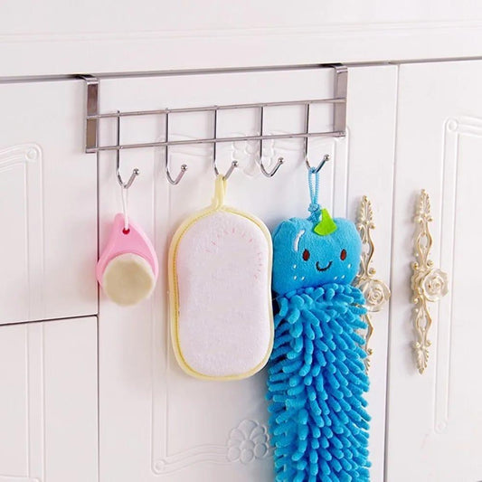 Metal Over Cabinet Door Hook Rack – 5 Hook Organizer for Towels, Coats, Hats, and Bags – Hanging Storage for Kitchen, Bathroom, Bedroom – Modern Door Mount Hanger for Cabinets and Drawers – Silver(free home delivery)