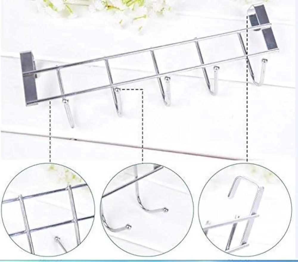 Metal Over Cabinet Door Hook Rack – 5 Hook Organizer for Towels, Coats, Hats, and Bags – Hanging Storage for Kitchen, Bathroom, Bedroom – Modern Door Mount Hanger for Cabinets and Drawers – Silver(free home delivery)