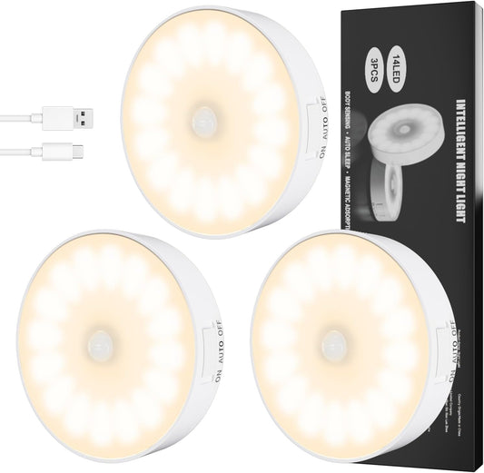 Motion Sensor Light Indoor, Upgraded 14 LEDs Night Light USB Rechargeable, 3 Light Modes & Long Last Battery, Cordless Magnetic NightLight for Closet, Bedroom, Stairs - Warm White (free home delivery)