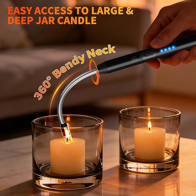 Rechargeable Type C Electric Lighters, Black | Flameless and Windproof, Plasma Arc, 360° Long Reach Flexible Neck, LED Power Display, For Candles, BBQ Grill & Camping(free home delivery)