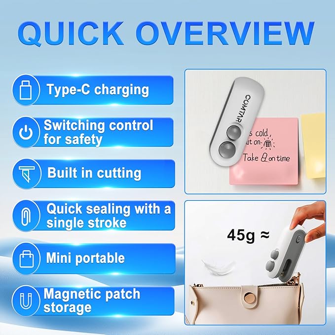2in1 Rechargeable Chip Bag Sealer with Cutter, Portable USB C Heat Sealer Resealer Machine for Chip, Plastic Bags Heat Seal Tool for Snacks (White)free home delivery