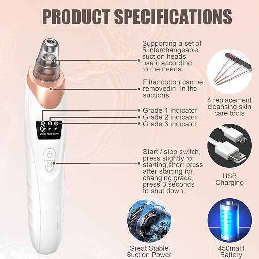 Blackhead Remover Pore Vacuum,Facial Pore Cleaner-3 Suction Power,USB Rechargeable Blackhead Vacuum Kit Electric Pore Vacuum Tool for Ad(free home delivery)