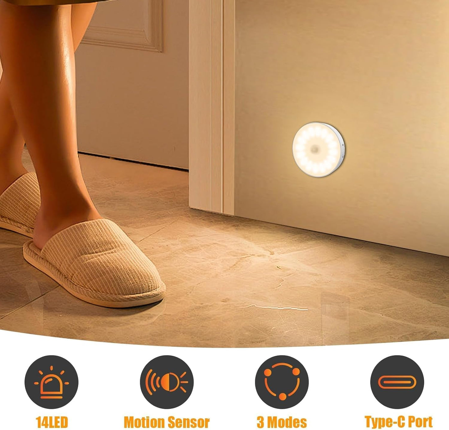 Motion Sensor Light Indoor, Upgraded 14 LEDs Night Light USB Rechargeable, 3 Light Modes & Long Last Battery, Cordless Magnetic NightLight for Closet, Bedroom, Stairs - Warm White (free home delivery)