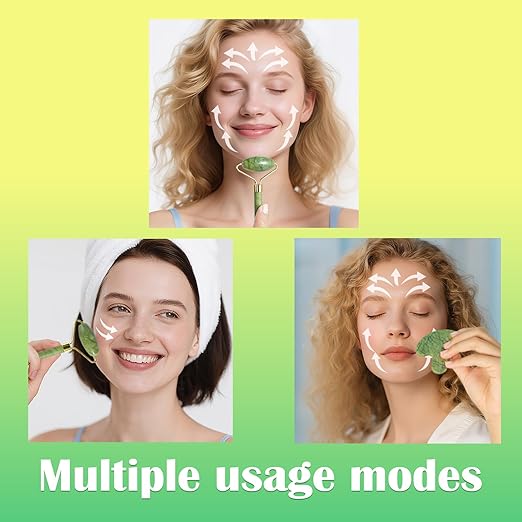 Jade Roller Gua Sha Tools - Nature Gua Sha Facial Tool Skin Tightening Face Massager Anti-Aging Jade Face Roller Puffiness Reducing Guasha Stone for Women Men（Green）