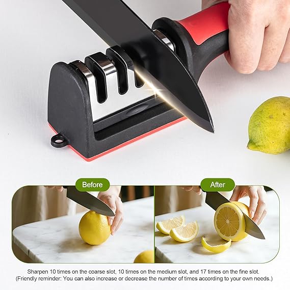Professional 3-in-1 Knife Sharpener with Tungsten Steel & Ceramic Slots, Manual Sharpener for Chef Knives, Scissors & Straight Edge Blades - Home Kitchen Tool