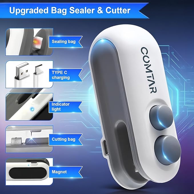 2in1 Rechargeable Chip Bag Sealer with Cutter, Portable USB C Heat Sealer Resealer Machine for Chip, Plastic Bags Heat Seal Tool for Snacks (White)free home delivery