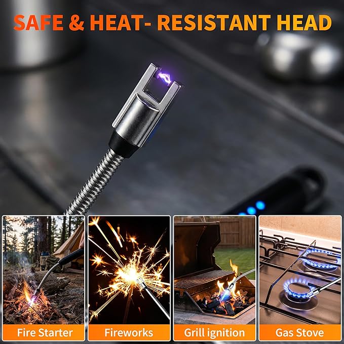 Rechargeable Type C Electric Lighters, Black | Flameless and Windproof, Plasma Arc, 360° Long Reach Flexible Neck, LED Power Display, For Candles, BBQ Grill & Camping(free home delivery)