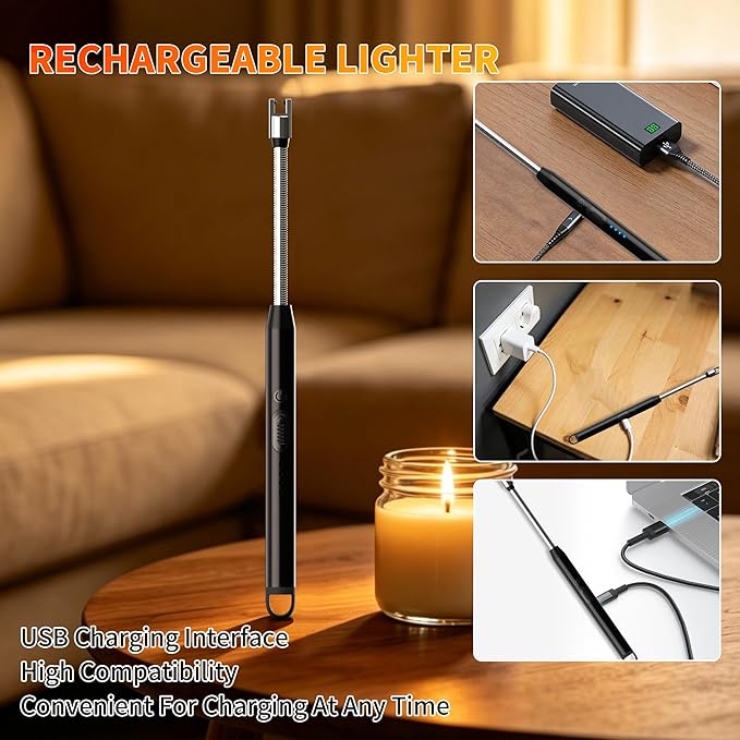 Rechargeable Type C Electric Lighters, Black | Flameless and Windproof, Plasma Arc, 360° Long Reach Flexible Neck, LED Power Display, For Candles, BBQ Grill & Camping(free home delivery)