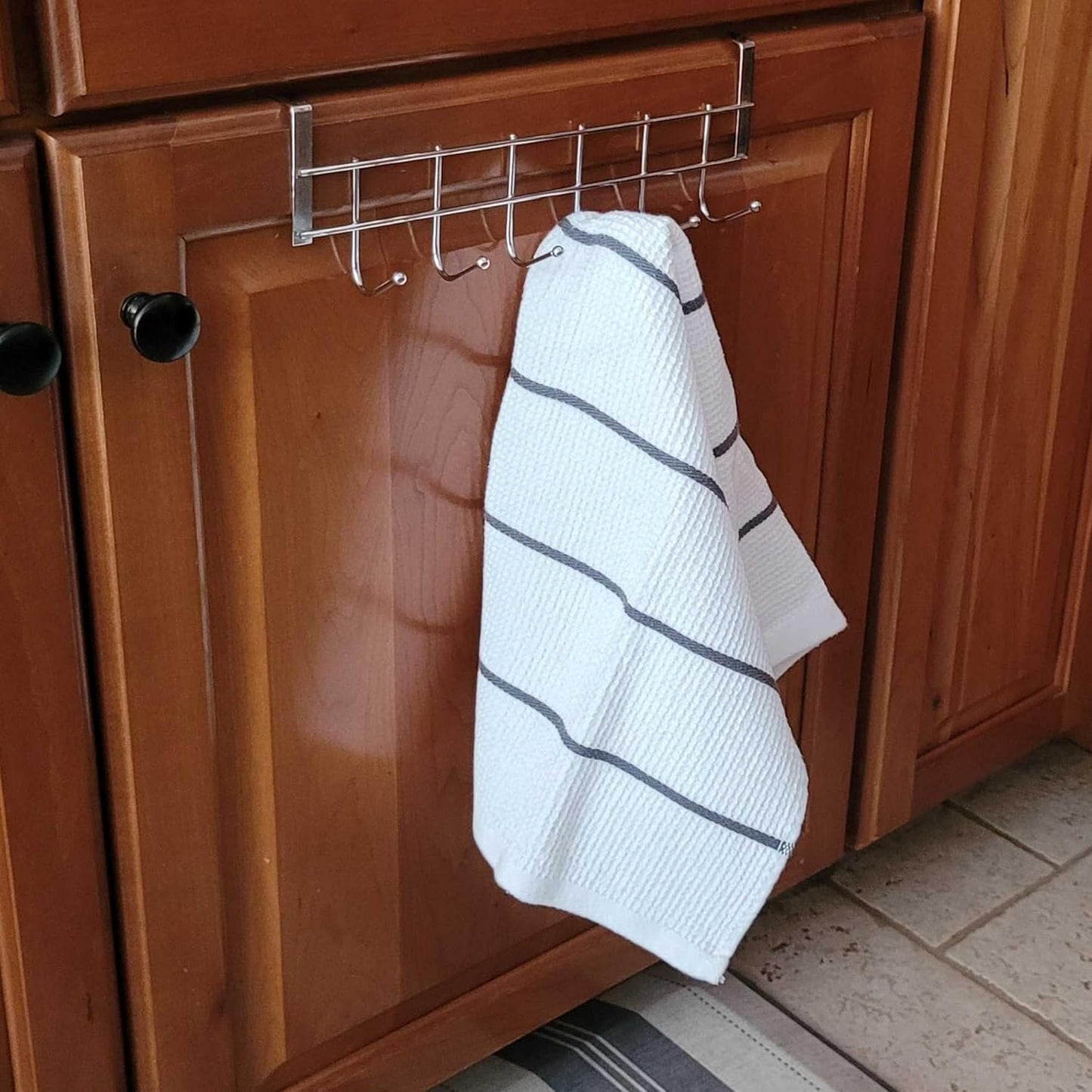 Metal Over Cabinet Door Hook Rack – 5 Hook Organizer for Towels, Coats, Hats, and Bags – Hanging Storage for Kitchen, Bathroom, Bedroom – Modern Door Mount Hanger for Cabinets and Drawers – Silver(free home delivery)